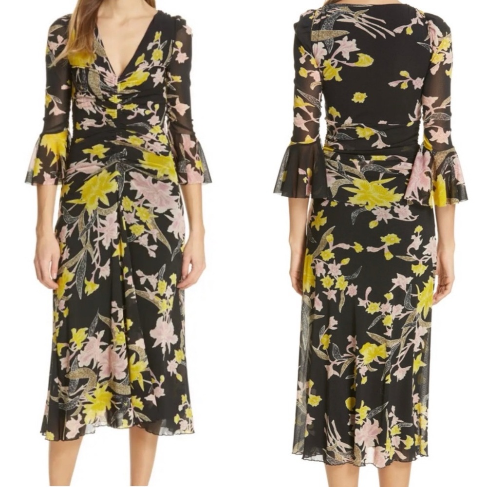 Diane von Furstenberg Silas Floral Ruched Bell Sleeve Midi Dress M
